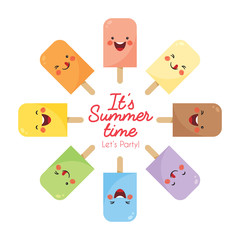 Vector set of various flavor popsicles. Cute smiling cartoon popsicles isolated on white background. Rainbow colour popsicles.