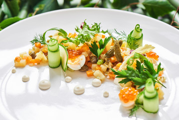Healthy tomorrow of Russian salad served on a white plate