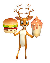 3d rendered illustration of Deer cartoon character with burger and ice cream