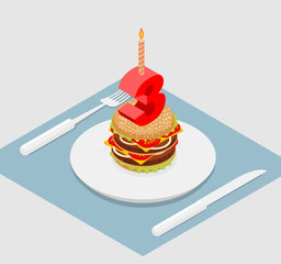 3 years birthday celebratory burger. Number three with a candle.