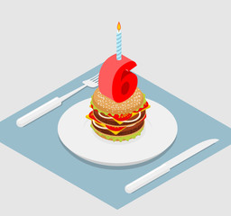 6 years birthday burger. Number six with candle. Burger annivers
