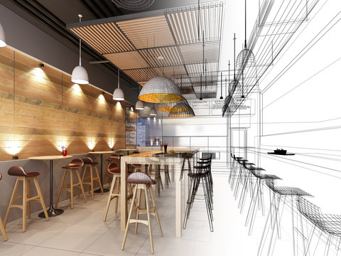 Sketch Design Of Resturant ,3d Wire Frame Render 