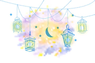 Fototapeten Four Arabic Lanterns or Fanous and Moon Crescent hanging on threads and shine. Bright stains background. Hand drawn greeting card for Ramadan Kareem, Eid Mubarak © oioioio