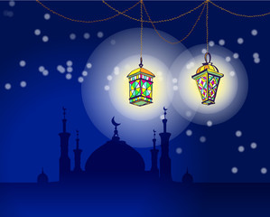 Two Arabic Lanterns or Fanous hanging on threads and shine. Mosque with minarets and the night sky background. Greeting card for Ramadan Kareem, Eid Mubarak