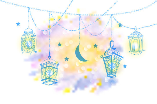 Four Arabic Lanterns or Fanous and Moon Crescent hanging on threads and shine. Bright stains background. Hand drawn greeting card for Ramadan Kareem, Eid Mubarak