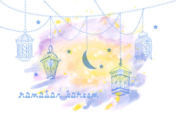 Four Arabic Lanterns or Fanous and Moon Crescent hanging on threads and shine. Bright watercolor stains background. Hand drawn greeting card for Ramadan Kareem, Eid Mubarak - obrazy, fototapety, plakaty