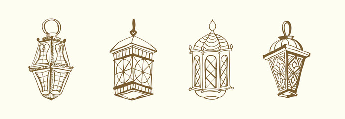 Four different Colorful Arabic Lanterns or Fanous Hand drawn ink sketch. Lanterns Traditional Decoration Fanoos Isolated on White Background