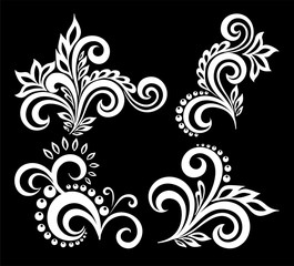 set of beautiful monochrome black and white flowers and leaves isolated.