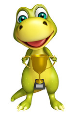 Dinosaur cartoon character with winning cup