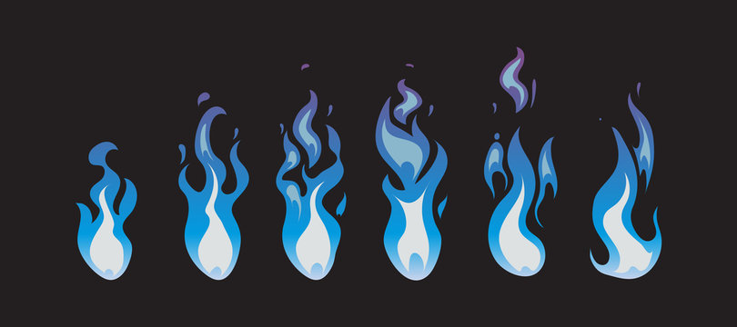 Blue fire vector animation sprites, flames. Fire animation burn light. Illustration fire in blue color