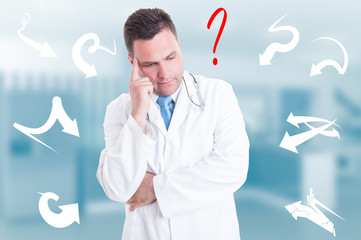 Successful doctor in medical uniform keeping hand on head