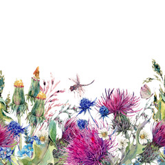 Fototapeta na wymiar Summer watercolor seamless floral border with wild flowers