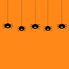 Hanging black spiders on dash line web. Cute cartoon baby character set. Flat material design. Orange background.