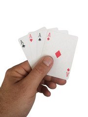 4 aces are in a man's hand isolated on white