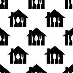 Icono plano patrón con casa con cubiertos sobre fondo blanco