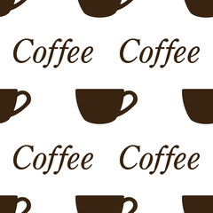 Icono plano patrón con taza y coffee sobre fondo blanco