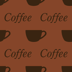 Icono plano patrón con taza y coffee sobre fondo marron