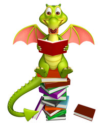 Naklejka premium cute Dragon cartoon character with book stack