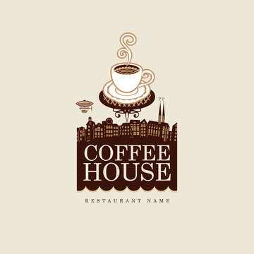 banner for coffee house with cup against the backdrop of the old town