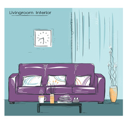 Livingroom interior place with couch.Hand drawn color sketch