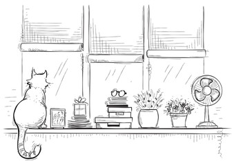 Windowsill with home love objects and cute cat.Hand drawn sketch