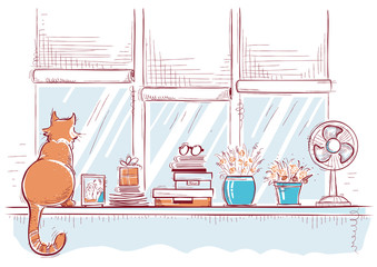 Windowsill with home love objects and cute cat.Hand drawn color