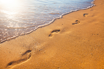 beach, wave and footprints at sunset time