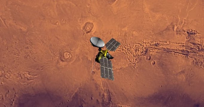 Top view of Mars Reconnaissance Orbiter above Mars at -109 degrees longitude. Data: NASA/JPL.