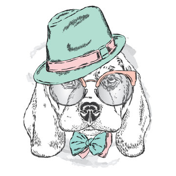 Cute puppy wearing a hat , sunglasses and a tie . Vector . portrait of a dog for postcards, prints on clothes or accessories .
