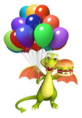 fun Dragon cartoon character with burger and balloon