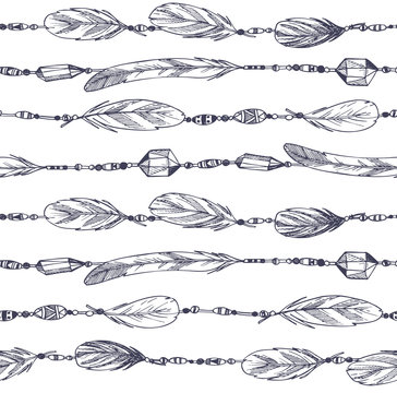 Hand drawn illustration. Seamless pattern with feathers and bead