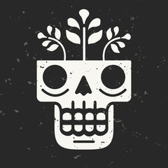 Hand drawn skull with flowers growing through it. Concept of eternal life. Modern vector illustration in traditional Mexican art style with grunge background. Perfect for prints, posters, textiles. - 111660196