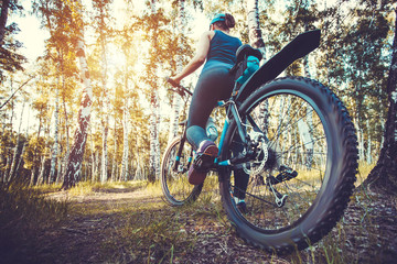 Plakat cyclist riding mountain bike in the forest