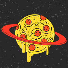 Hand drawn funny illustration of pizza-looking planet in space. Modern fast food stylish logotype or eating icon. Isolated vector illustration, perfect for print, posters, t-shirts and textile.