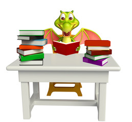 cute Dragon cartoon character with table and chair and book stac