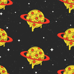 Hand drawn vector seamless pattern. Funny illustration of pizza-looking planets in space. Modern fast food stylish repeating background. Isolated vector illustration, perfect for wallpapers or textile - 111660383