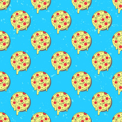 Hand drawn tasty pizza circles vector seamless pattern. Modern stylish repeating fast food service elements background. Isolated vector illustration on blue background.