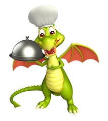 Dragon cartoon character with chef hat and cloche