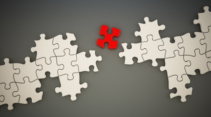 Red puzzle part standing between white puzzle parts. 3D illustration
