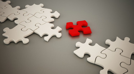 Red puzzle part standing between white puzzle parts. 3D illustration