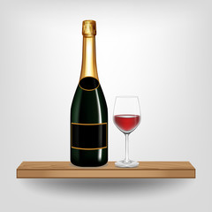 Bottle green wine and glass on wood shelf