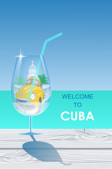Cocktail glass with cuban travel attractions