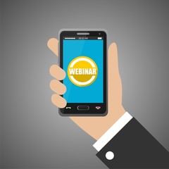 Hand holding smartphone with webinar icon