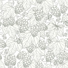 Vector seamless pattern with ornate Hops with leaves in black on the white background. Outline Hops for beer and brewery decor. Hops background in contour style for summer design.