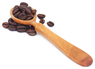 Roasted coffee beans in wooden spoon