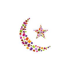 Colorful crescent moon and star.