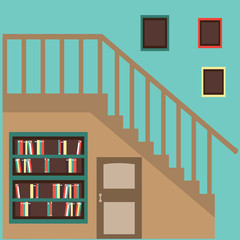 Hall with stairs and door. Flat style vector illustration.