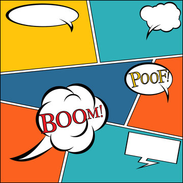 Comic strip and comic speech bubbles on colorful halftone background vector illustration