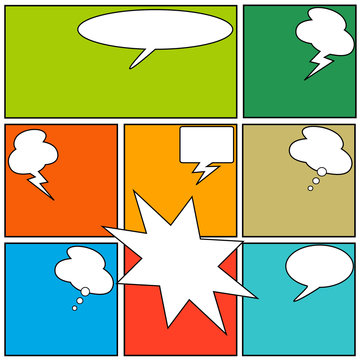 A high detail vector mock-up of a typical comic book page with various speech bubbles, symbols and sound effects and colored Halftone Backgrounds