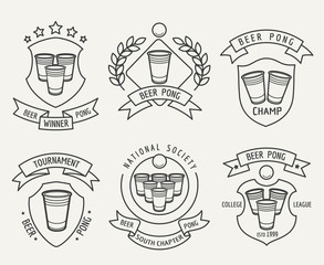 Obraz premium Beer pong line logo set. Beer pong drinking game vector linear labels